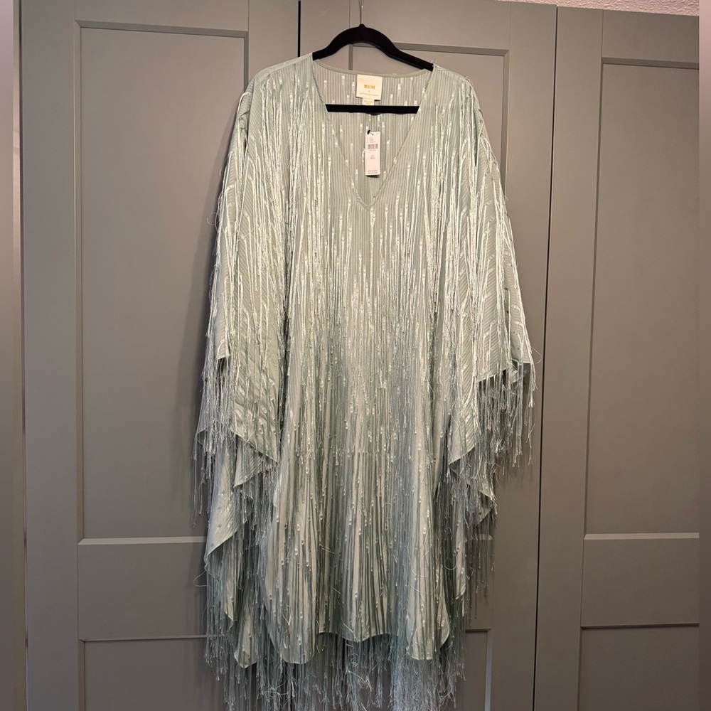 Anthropologie fringed Shine Kaftan turquoise size 42.5”L